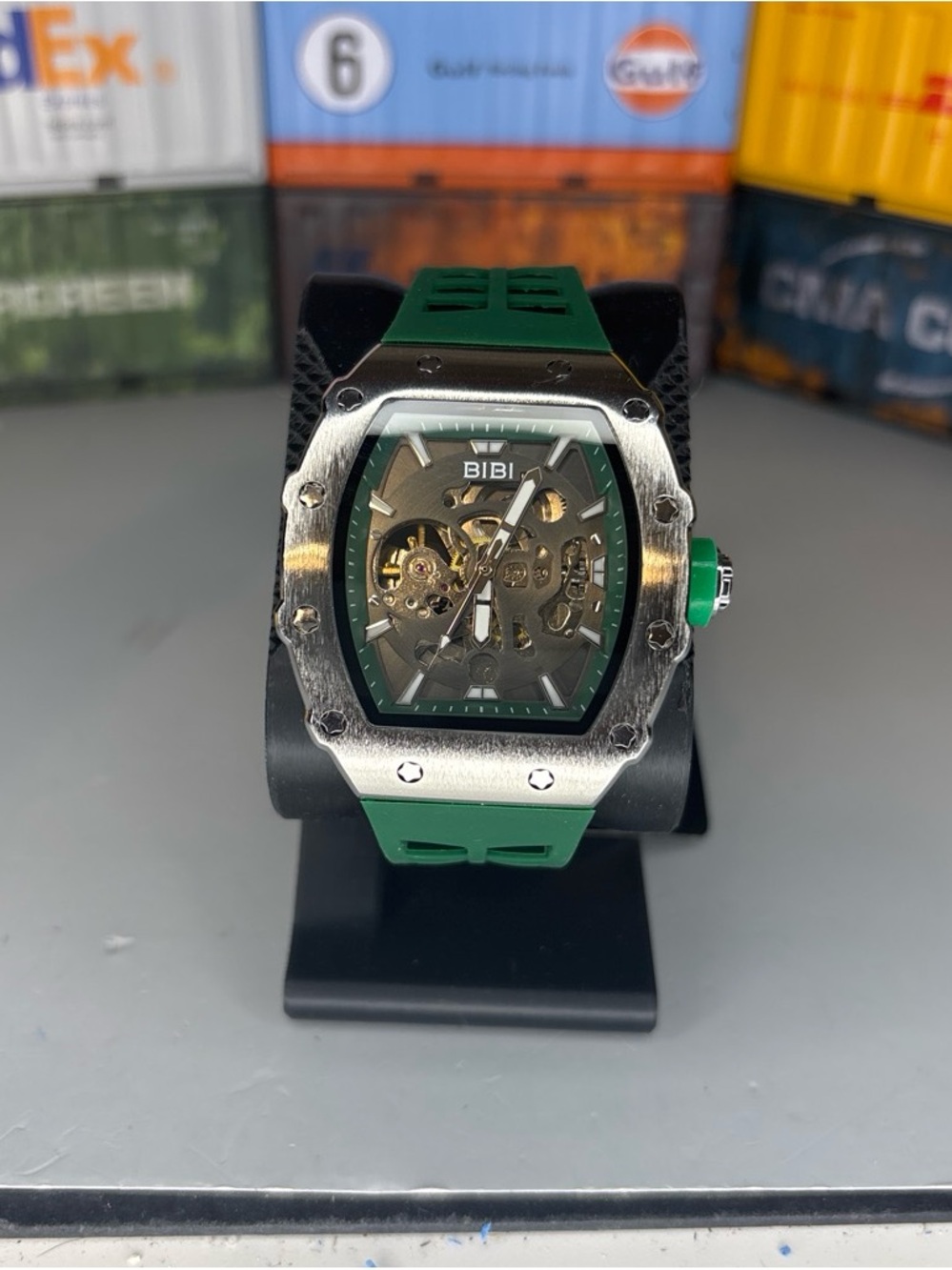 BiBi Automatic Green and Silver Skeleton Sport Watch